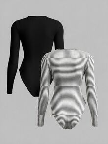 SHEIN BASICS Women's Casual Minimalist Long Sleeve Bodysuit 2pcs Set - Multicolor - View 3