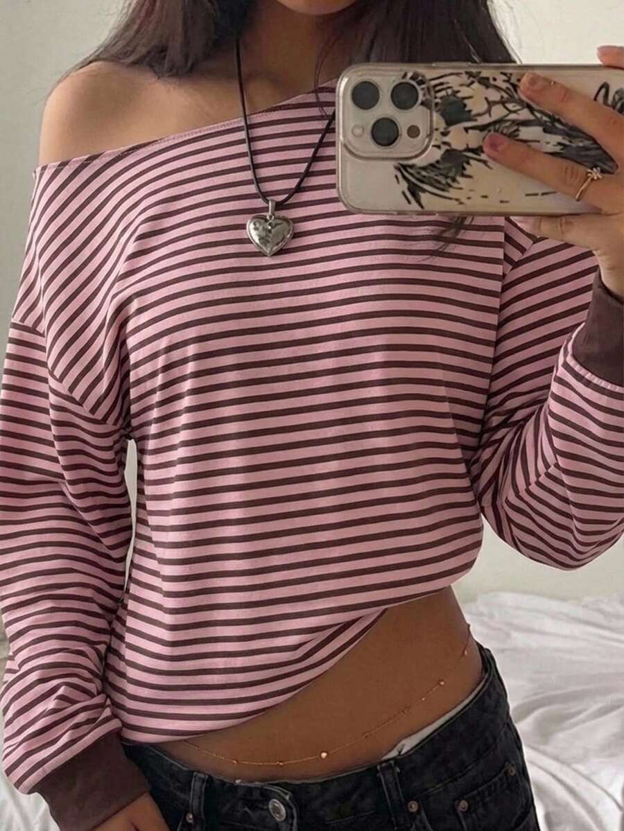 SHEIN EZwear 女款衛衣,秋季服飾,不對稱肩粉色與棕色條紋返校大學風衛衣,休閒極簡運動街頭風百搭派對聚會機場穿搭Y2K上衣,秋季穿搭,女款通勤穿搭,百搭上衣,外出穿搭,機場穿搭 - 彩色 - 查看 1