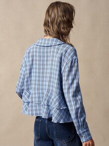 Bohemela Women's Plaid Long Sleeve Single-Breasted Pocket Ruffle Hem Casual Shirt - Blue - View 7