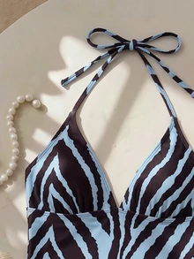 Elavelle Halloween Costume Women's Spring/Summer/Fall Random Print Spaghetti Strap Tank Top Elegant Bikini Set Blue Black Tiger Pattern Going Out Outfit - Multicolor - View 5