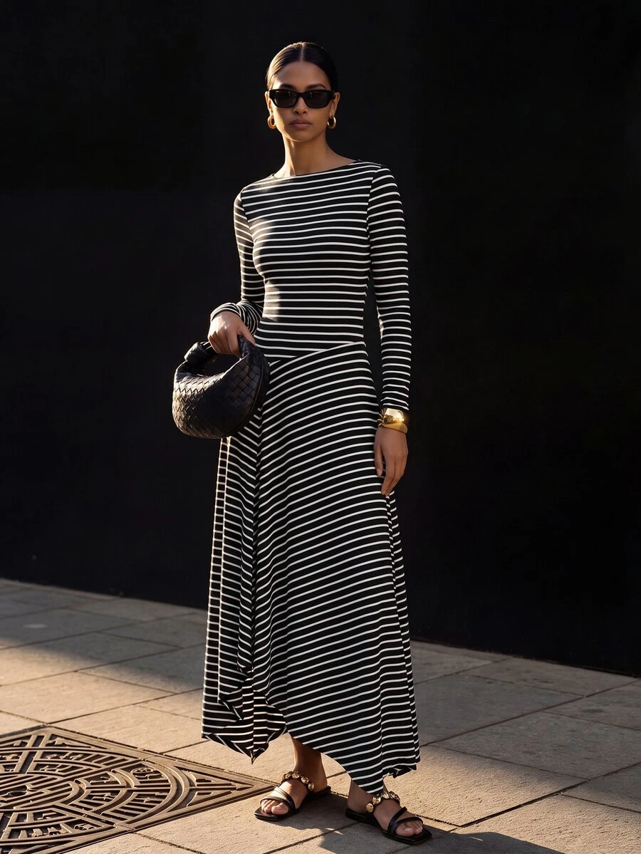 Zivah Women's Striped Casual Daily Summer Long Dress - Black and White - View 1