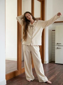 Livesso Women's Color Block Bow Decor Long Sleeve Top And Pants Casual Daily Pajama Set - Beige - View 9