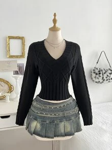 Elamini Sweater Pullover Wanita Model V-Neck untuk Musim Gugur/Dingin, Gaya Santai, Serbaguna untuk Sehari-hari, Cocok untuk Perjalanan, Kencan, dan Berfoto. - Hitam - View 5