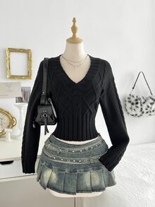 Elamini Sweater Pullover Wanita Model V-Neck untuk Musim Gugur/Dingin, Gaya Santai, Serbaguna untuk Sehari-hari, Cocok untuk Perjalanan, Kencan, dan Berfoto. - Hitam - View 3