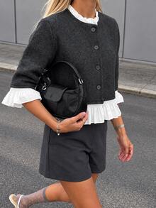 Cévolie Women's Winter New Fashionable Elegant Round Neck 3/4 Sleeve Patchwork Knit Cardigan, Sweet Preppy Style With Ruffle Trim - Grey - View 7
