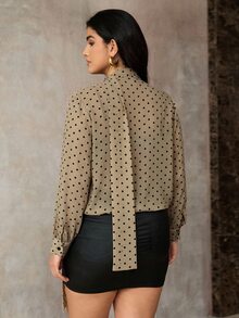 Roveilla Plus Size Spring Summer Autumn Pearl Chiffon Tie Cuff Sleeve Polka Dot V-Neck Blouse - Khaki - View 2