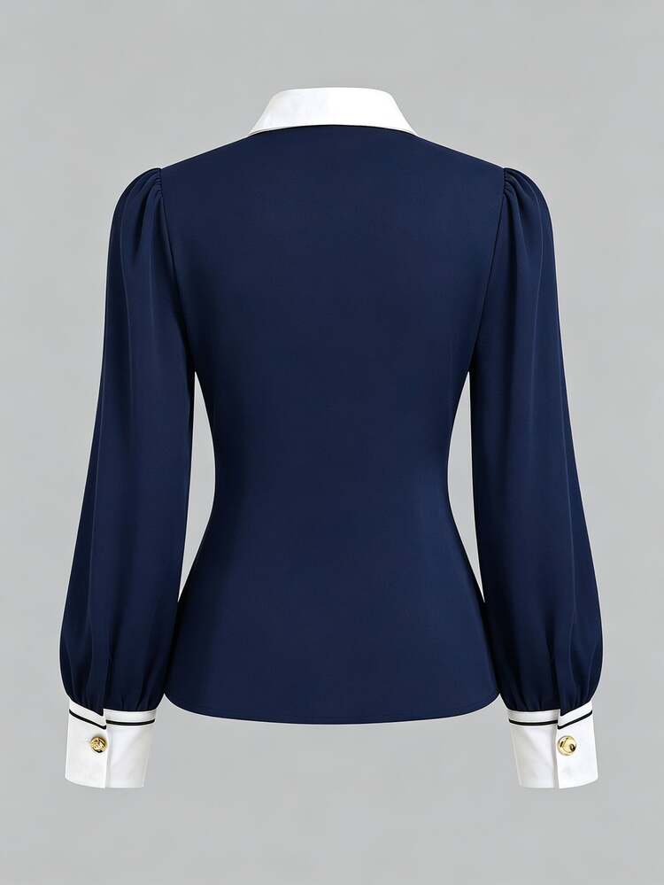 Balvessa Women's Colorblock Lapel Neck Long Sleeve Single-Breasted Elegant Blouse - Navy Blue - View 4