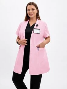 TaskEZ زي سكراب نسائي مقاس كبير بأزرار أمامية، معطف مختبر للممرضات والمستشفى، ملابس عمل مريحة وأنيقة وعصرية، 2 جيب + 1 جيب داخلي - وردي - مشاهدة 6