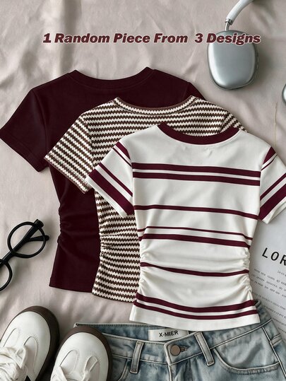 Teen Girls Casual Minimalist Fashion Classic Striped Bow Pattern, Round Neck Waist Ruched Fitted Short Sleeve T-Shirt, Suitable For Spring/Summer Versatile Style Y2k, Easy Comfort, Tops, Chill, Maillard Color
