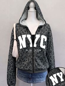 SHEIN 少女女孩針織豹紋圖案連帽開襟運動衫 - 黑色 - 查看 3
