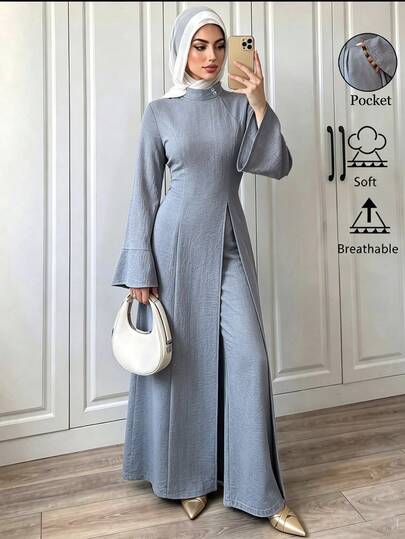 Elenzga Conjunto de camisa extra larga y pantalones largos para mujer, estilo francés elegante minimalista de lujo casual para vacaciones y oficina, cómodo, color liso, tela de lino sintético, cuello alto, cintura ceñida, manga larga acampanada, lazo delantero, abertura, con bolsillos, primavera/otoño