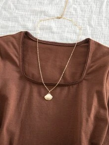 SHEIN Tween Girl Tween Girl Tween Girls T-Shirts, Large Scoop Neck Elastic Slim Fit All-Match Versatile - Brown - View 5