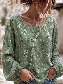 Linhara Plus Size Woven Printed Casual Autumn Shirt Fall - Green - View 1