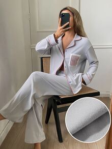DAZY Women's Colorblock Long Sleeve Top And Pants Casual Daily Home Sleepwear Set - Light Grey - View 3
