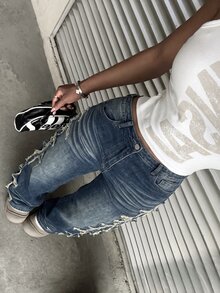 StreetHx 女款時尚休閒搖滾街頭風做舊復古直筒牛仔褲，適合外出、日常、上學，淺藍色，秋季 - 深色水洗藍 - 查看 4