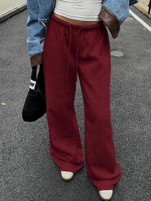 SHEIN EZwear 女款休閒極簡風酒紅色前綁帶寬鬆運動長褲，適合日常穿著與返校季 - 紅色 - 查看 4