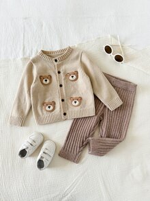 SHEIN 男女嬰兒/幼兒 2件組秋冬加厚抓絨內裡可愛熊圖案開襟衫套裝，毛衣套裝，嬰兒冬季毛衣套裝，服飾，聖誕節 - 咖啡棕 - 查看 1
