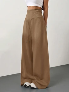 SHEIN Tall CURVE 大尺碼高腰灰色針織抓絨抽繩寬鬆運動長褲，適合冬季畢業季、返校季、畢業典禮、教師穿搭等場合，秋季女款寬腿舒適運動褲 - 駝色 - 查看 7