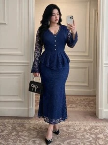 Vibekara Plus Size V-Neck Lace Waist-Cinching A-Line Blouse & Long Skirt 2 Pieces Set Fall - Royal Blue - View 7