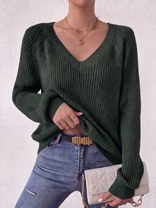 LUMIGAL Women's Casual Solid Color V-Neck Raglan Sleeve Sweater, Autumn/Winter - Dark Green - View 3