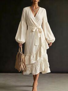 SHEIN Franclia 女款V領腰部綁帶休閒波希米亞風優雅派對度假長洋裝，奶油白，秋季 - 白色 - 查看 3