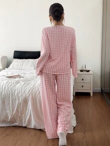 Napfluff Pink & White Plaid Trim Contrast Collar Long Sleeve Pants Pajama Set For Women - Pink - View 3