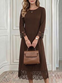 Holdful Holdful Women's Autumn Solid Color Round Neck Lace Cuff Patchwork Casual Dress - Coffee Brown - View 7