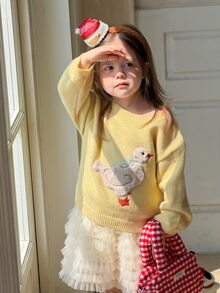DAZY Baby Girl Cute Applique Embroidery Fashion Long Sleeve Sweater - Light Yellow - View 4