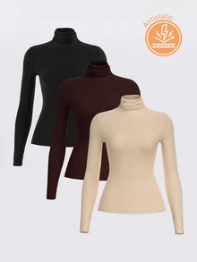 SHEIN BASICS Women's Solid Color Long-Sleeve Mock Neck Casual T-Shirts (3-Pack) - Multicolor - View 2