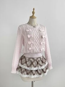 Elamini 女款粉色休閒百搭甜美3D蝴蝶結套頭毛衣，適合日常通勤與約會，秋冬款 - 淺粉色 - 查看 4