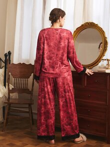 Côtesoire Plus Size Elegant Mature Floral Print Lace Patchwork Pajama Set, Southern French Style - Multicolor - View 2