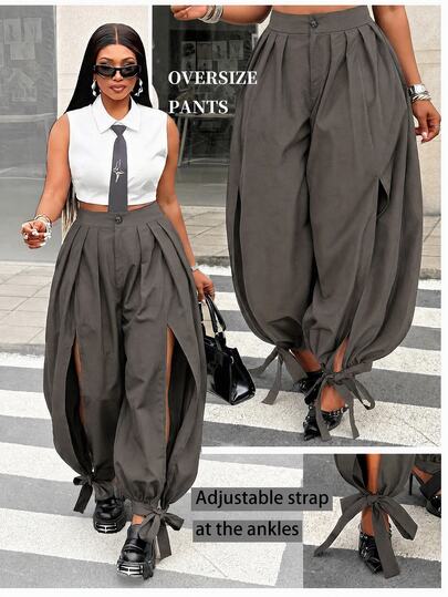 Maweii Plus Size Women's Summer Loose Casual Harem Pants With Side Slit, Black Ankle-Length Trousers, Balloon Trousers, Wide Leg Pants For Work & Streetwear