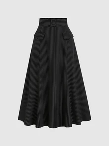 Sweetra Women's Striped Fabric Commuter Minimalist Pocket Flap A-Line Skirt - Black - View 1