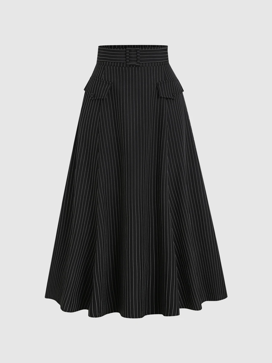 Sweetra Women's Striped Fabric Commuter Minimalist Pocket Flap A-Line Skirt - Black - View 1