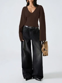 LYSMO 95% Cotton Bell Sleeve Women's Top, Solid Brown, Suitable For Spring And Autumn - Brown - View 7