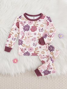 SHEIN 女嬰貼身舒適睡衣套裝，復古碎花圓領長袖套頭上衣搭配鬆緊腰長褲，2件式居家休閒套裝，適合室內、居家、休閒、派對、假日 - 彩色 - 查看 2