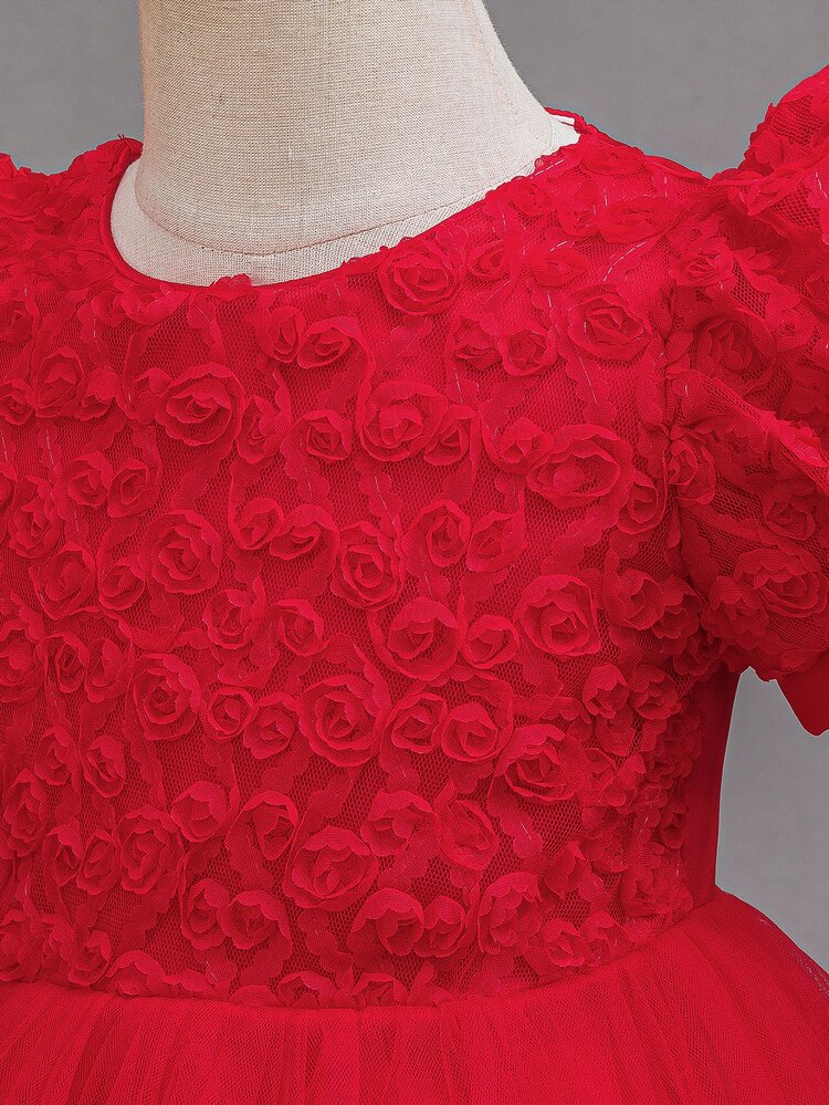 SHEIN Glamorique Kids Princess Dress Girls Fluffy Tulle Dress Children Birthday Performance Formal Dress Newborn Short Sleeve Dress Wedding Flower Girl Dress - Red - View 6
