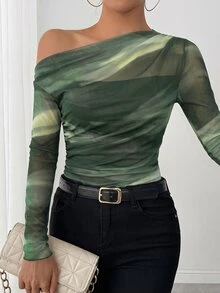 SHEIN LUNE 25-30+ 女款休閒秋季網紗紮染印花不對稱肩抽褶長袖優雅T恤 - 軍綠色 - 查看 5