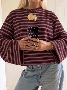SHEIN EZwear 海外長袖酒紅條紋襯衫，秋季上衣，適合日常通勤、聚會、秋冬春夏、聖誕節、新年、感恩節、派對、婚禮、海灘、畢業典禮、優雅、外出、約會、通勤、情人節、優雅、度假、Y2K、畢業典禮及其他場合 - 彩色 - 查看 5