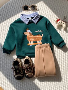SHEIN 中性嬰兒男童/幼兒 2件組秋冬保暖內裡加厚可愛學院風運動衫套裝，嬰兒冬季套裝，聖誕節 - 墨綠色 - 查看 6