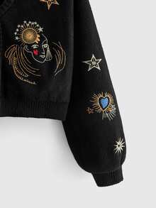 ROMWE Hippie Vintage Heart Portrait Star Moon Embroidered Loose Short Knit Cardigan Plus Size Women Fall Winter Sweater - Black - View 2