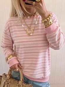 SHEIN EZwear 女款休閒圓領寬鬆條紋運動衫，秋冬女裝 - 彩色 - 查看 5