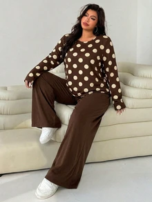 Solflare Setelan Kasual Dua Potong Kaos Lengan Panjang Leher Bulat Motif Polkadot Wanita Ukuran Besar dan Celana Panjang - Pakaian Rumahan Nyaman untuk Musim Gugur/Musim Dingin - Coklat - View 7