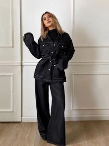 DAZY Women's Knot Waist Long Sleeve Top And Long Pants Casual Daily Denim Set Fall - Dark Wash - View 3