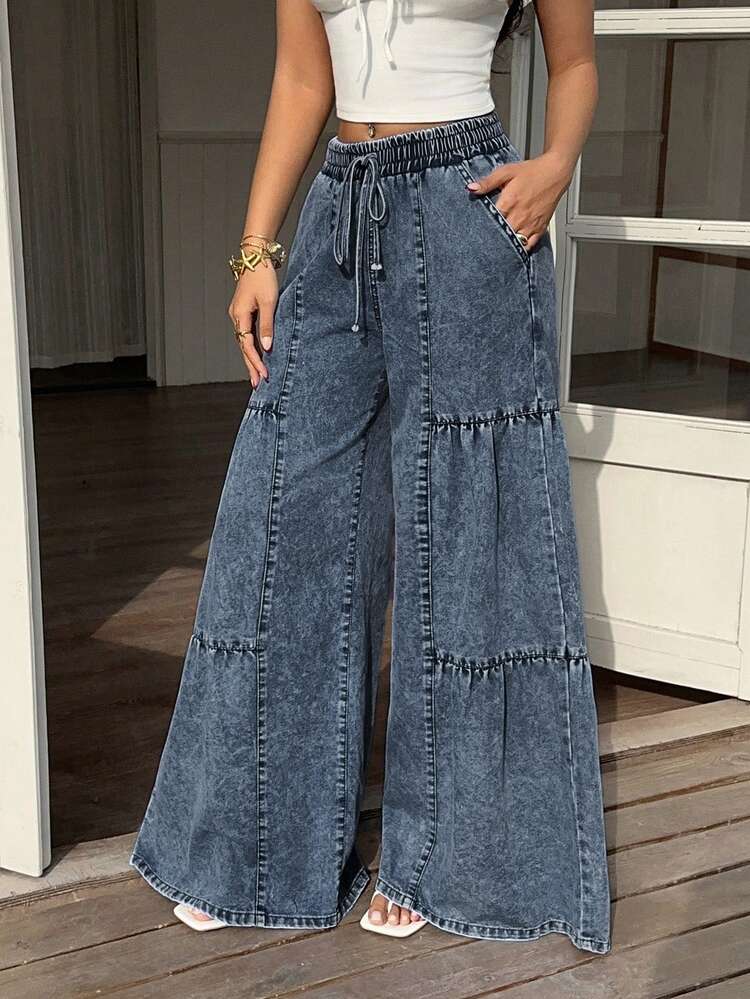 Sunnyshic Plus Size Women's Drawstring Waist Casual Versatile Daily Wear Denim Jeans,Fall/Winter - Dark Wash - View 4