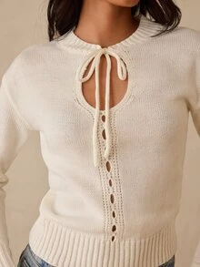 SHEIN Glamour كنزة نسائية بلون موحد كاجوال متعددة الاستخدامات يومية بأكمام طويلة - أبيض - مشاهدة 3