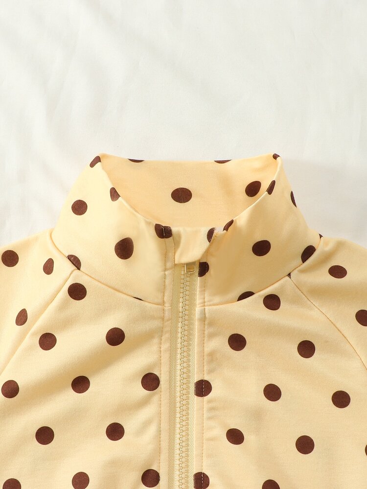 SHEIN Genkimix Kids Girls (Small) Polka Dot Stand Collar Zipper Jacket 2 Pieces Set, Yellow With Coffee Brown Polka Dot Print, Retro Fashion Long Sleeve Stand Collar Design, Elastic Cuffs And Hem, Matching Pants With Cuffed Ankles, Suitable For Daily School, Outdoor Outings, Photo Shoots, Versatile And Practical For Autumn/Winter - Yellow - View 4