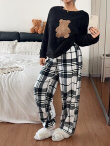 Napfluff 2 قطعة/مجموعة ملابس نوم منزلية بتصميم بسيط: ملابس علوية طويل الأكمام بطبعة دب وبنطال مربعات - الأسود - مشاهدة 5
