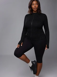 Voyena Women's Plus Size Polka Dot Long Sleeve Zipper Front Sports Jacket - Black - View 5
