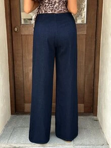 Rivivi Petite Women's Waist Button Design Wide Leg Loose Casual Denim Jeans - Dark Wash - View 2